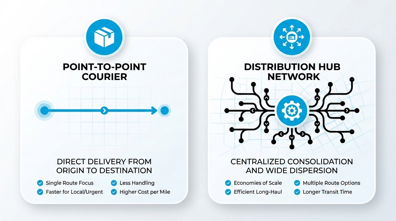 שירות הפצה ארצית לעומת שליחויות נקודתיות — השוואה ויזואלית של מודלים לוגיסטיים