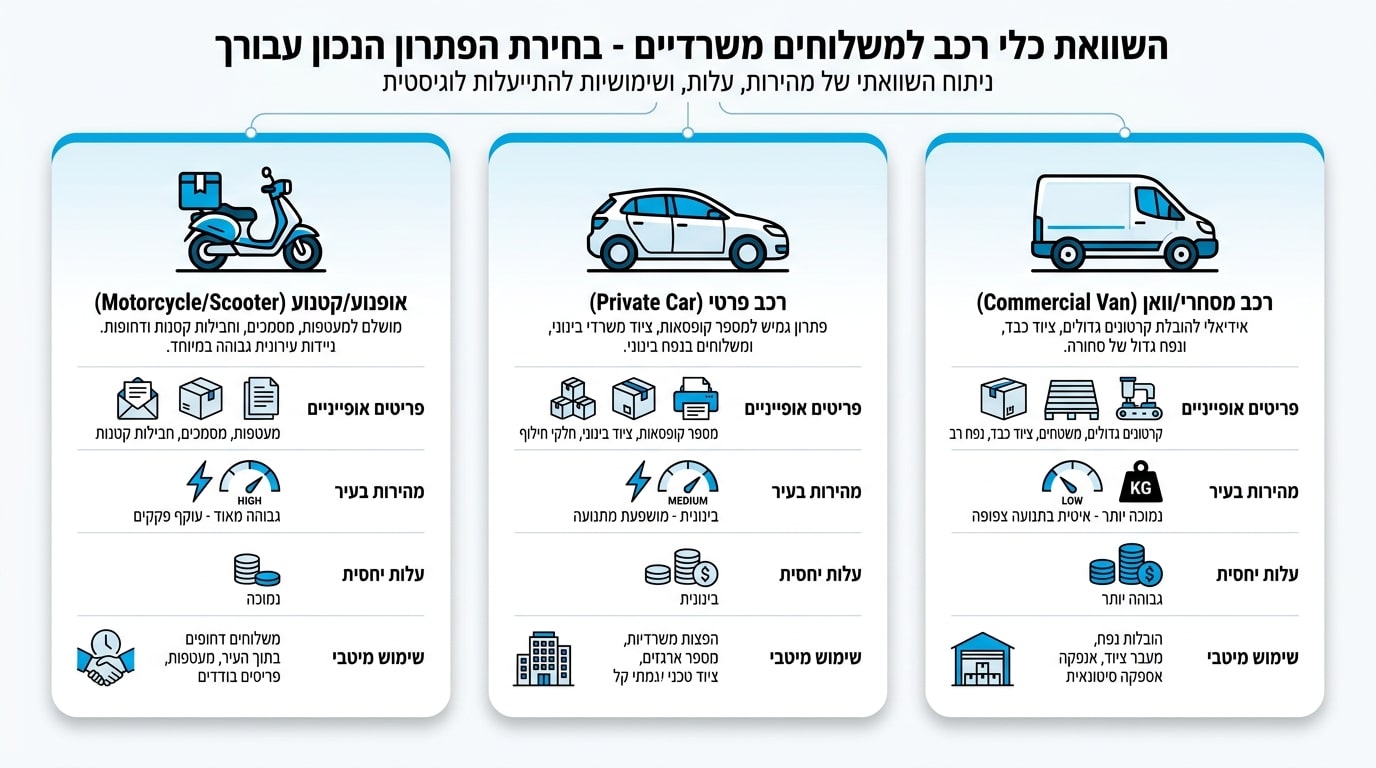 השוואת כלי רכב לשליחויות משרדיות - אופנוע, רכב פרטי ומסחרי