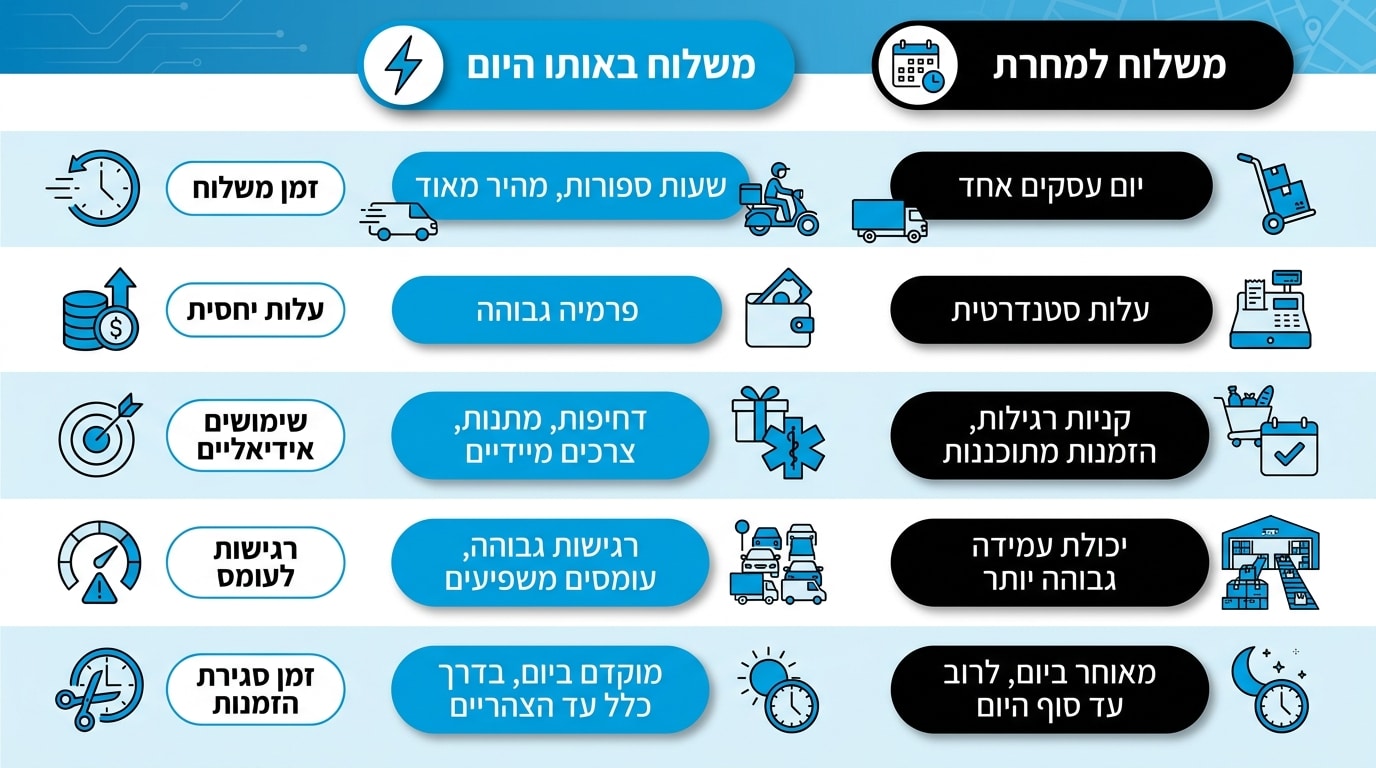 הבדלים בין משלוח מהיום להיום ומשלוח מהיום למחר לעסק ביתי